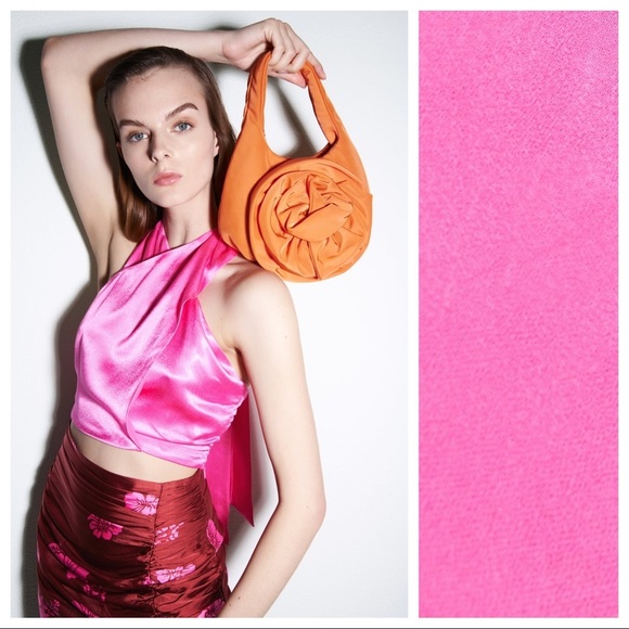 NWT. Zara Pink Satin Effect Halter Crop Top. Size M. - Picture 3 of 9